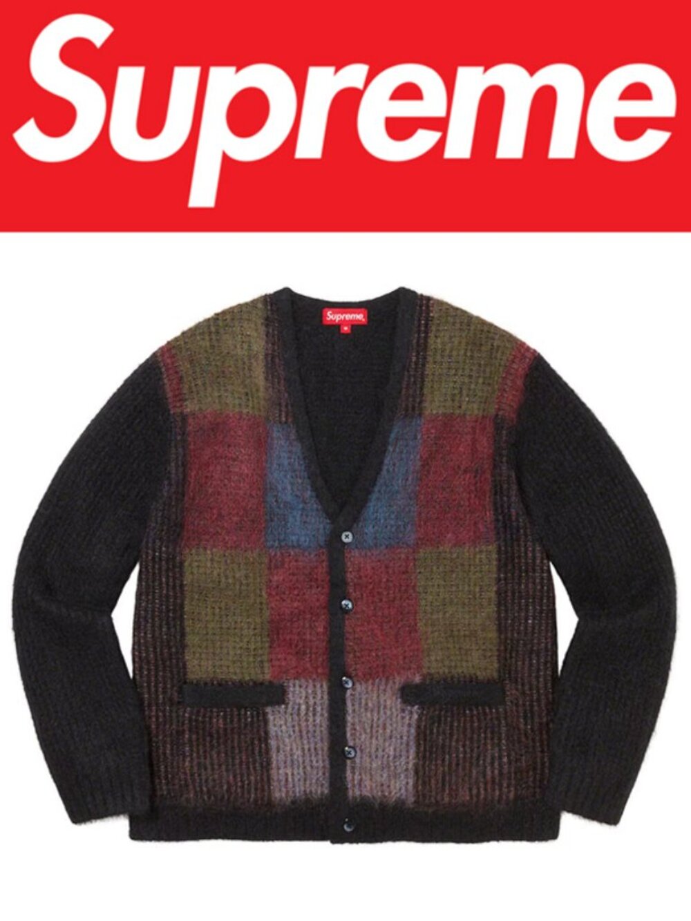NEW Supreme Brushed Grid Mohair Cardigan Black SS22 Plaid Vintage Knit Grunge XL